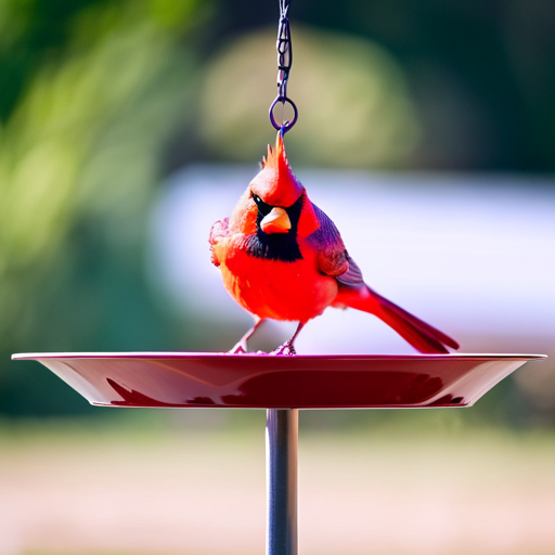 An image depicting a vibrant cardinal perched on a sturdy bird feeder, showcasing its spacious feeding tray, adjustable perches, and weatherproof design