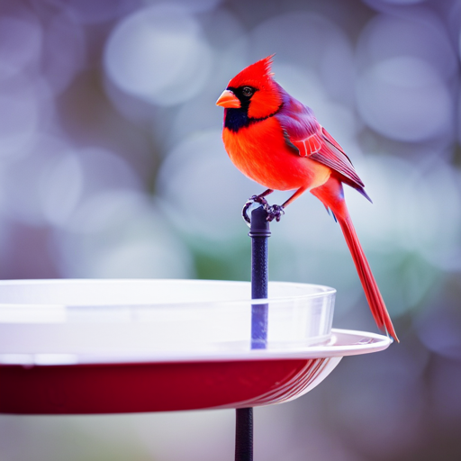 A captivating image showcasing a cardinal perched on a sturdy bird feeder with a wide tray, adjustable perches, and a sloped roof for protection