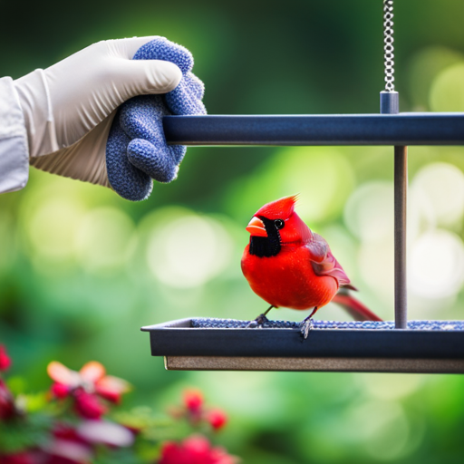 An image showcasing a pair of gloved hands delicately scrubbing a cardinal feeder with a soft brush, surrounded by a pristine garden backdrop