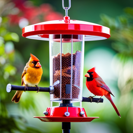 An image showcasing a variety of bird feeders specifically designed for cardinals, featuring vibrant red hues, spacious feeding ports, sturdy perches, and adjustable heights, highlighting their durability, attractiveness, and cardinal-friendly features
