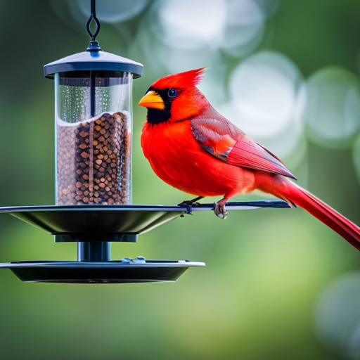 An image showcasing a vibrant cardinal perched on a bird feeder filled with sunflower seeds