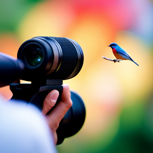 An image showcasing a close-up of a birdwatcher's hand holding a compact monocular, with a blurred background featuring colorful birds in flight