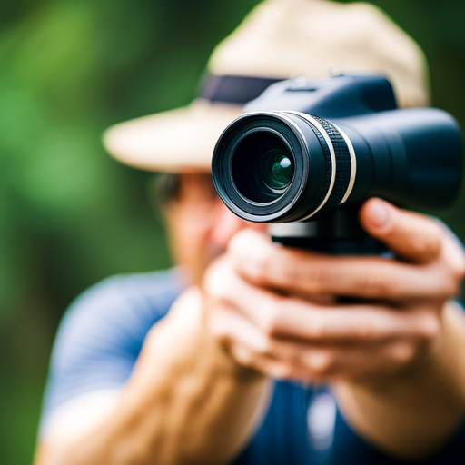 a close-up shot of a bird watcher's hand effortlessly holding a compact and lightweight monocular, showcasing its ergonomic design and portability