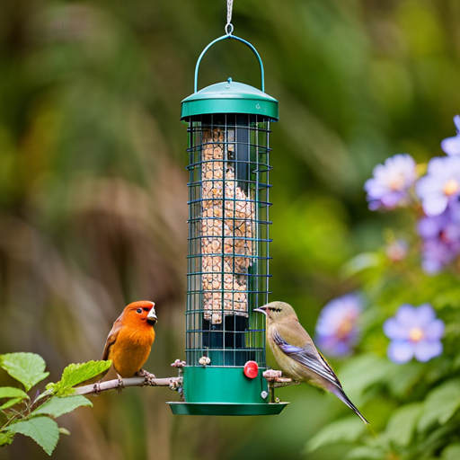 An image showcasing the SONGBIRD ESSENTIALS SE6019 Whole Peanut Feeder: a sturdy, metal bird feeder with a cylindrical design, featuring multiple feeding ports and a spacious reservoir for whole peanuts