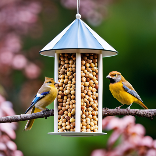 An image showcasing large capacity peanut bird feeders with an array of vibrant, feathered visitors happily perched on them