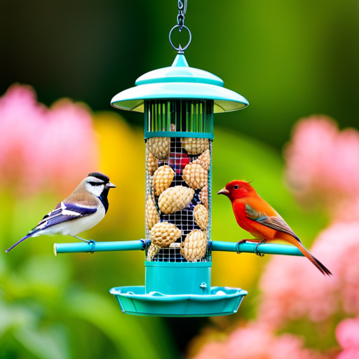 An image showcasing a vibrant, leafy garden with multiple bird species flocking to a peanut bird feeder