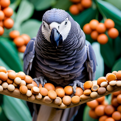 An image showcasing a vibrant African Grey Parrot perched on a branch, surrounded by a diverse array of nutrient-rich pellet foods from the Kaytee Forti-Diet Pro Health Feather Health Parrot Food line