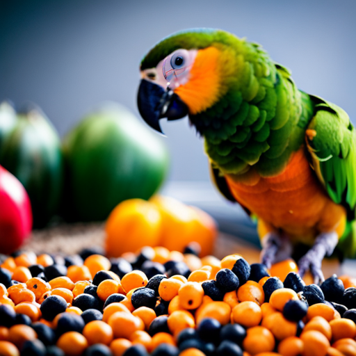 An image showcasing the vibrant colors and variety of ingredients in ZuPreem Smart Selects Bird Food, with a focus on nutritious fruits, vegetables, and pellets, appealing to the discerning taste of African Grey Parrots