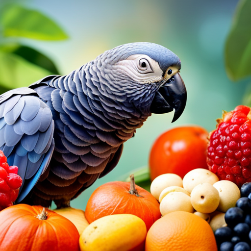An image showcasing a colorful African Grey Parrot perched on a branch, surrounded by a variety of nutritious fruits, vegetables, and pellets from Kaytee Food From the Wild Natural Pet Parrot Food