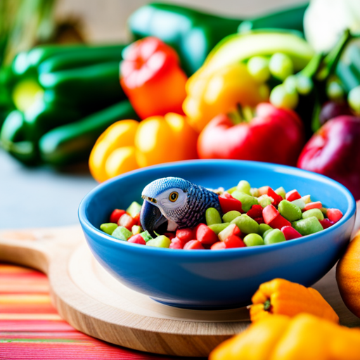 An image showcasing a vibrant bowl of ZuPreem FruitBlend Flavor Pellets, surrounded by colorful fruits and veggies, reflecting the nutritious variety African Grey Parrots love
