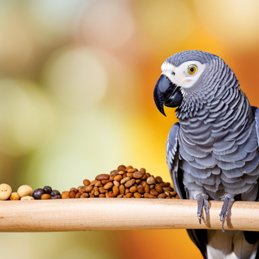An image showcasing an African Grey Parrot perched on a branch, surrounded by a diverse array of nutrient-rich seeds from ZuPreem Sensible Seed Bird Food
