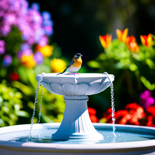 An image showcasing a lush garden with vibrant flowers and a sparkling solar bird bath fountain as its centerpiece