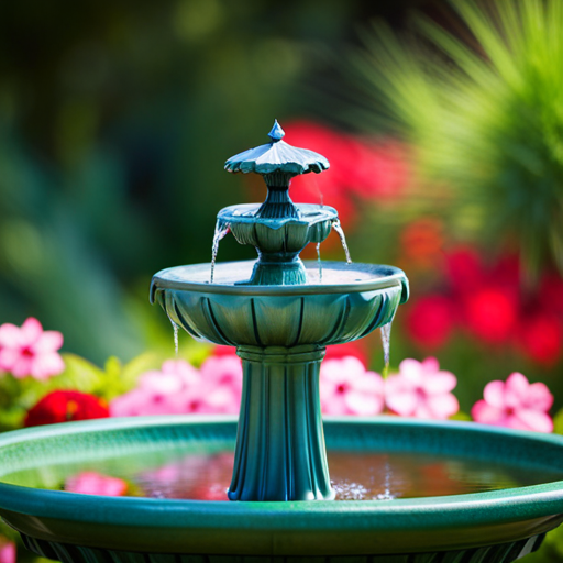 An image showcasing a serene garden scene with a solar bird bath fountain installed