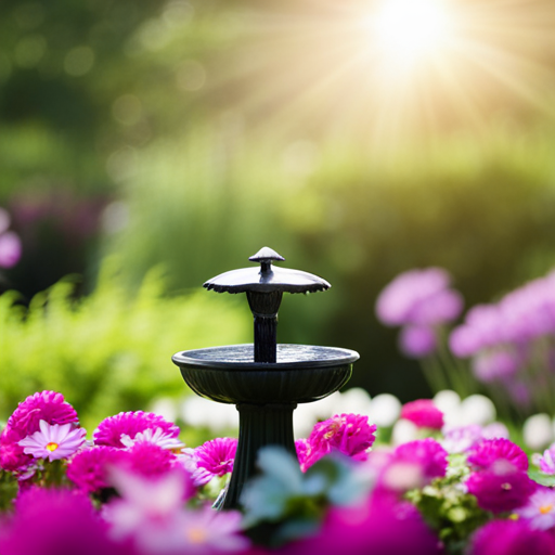 An image showcasing a picturesque garden scene with a Solar Bird Bath Fountain as the focal point
