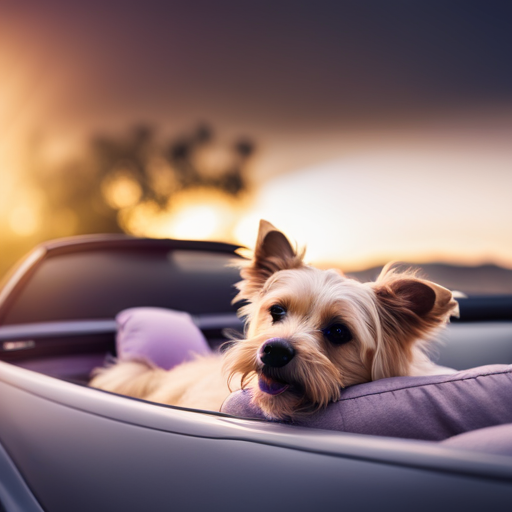 An image depicting a cozy scene inside a car, with a dog peacefully resting on a soft cushion