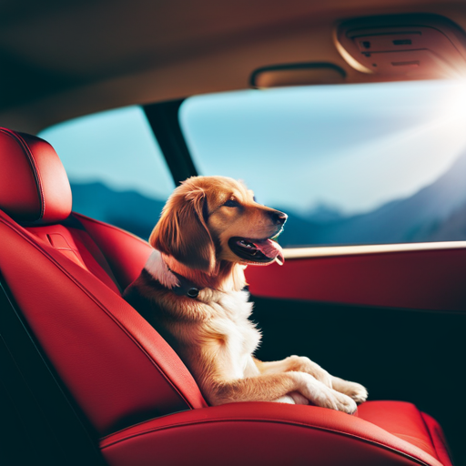 An image featuring a serene setting with a dog comfortably resting in a car seat, surrounded by soothing elements like a calming dog bed, anxiety-reducing treats, a travel water bottle, and a gentle, reassuring hand