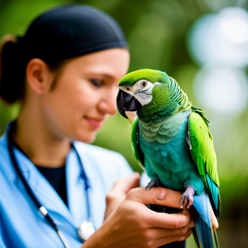 An image capturing a vibrant baby Blue Quaker Parrot perched on a veterinarian's hand, surrounded by a well-equipped veterinary clinic