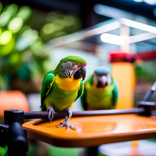An image showcasing a spacious, well-lit aviary filled with natural perches, colorful toys, and a variety of fresh fruits and vegetables