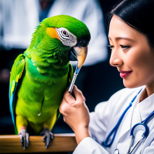 An image showcasing a caring hand delicately inspecting a baby Blue Quaker Parrot's feathers, while a veterinarian's stethoscope gently listens to its heartbeat, emphasizing the importance of regular check-ups for maintaining optimal health