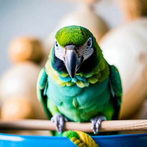 An image that showcases a baby Blue Quaker Parrot perched on a safe, spacious cage with a variety of toys and feeding bowls, surrounded by a calm and clutter-free environment to highlight the importance of providing a stress-free living space for these vibrant birds