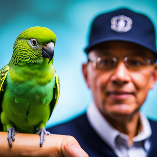 An image illustrating a parakeet perched on a human hand, with its beak slightly open emitting a series of chirps, while the person attentively listens, displaying a curious expression