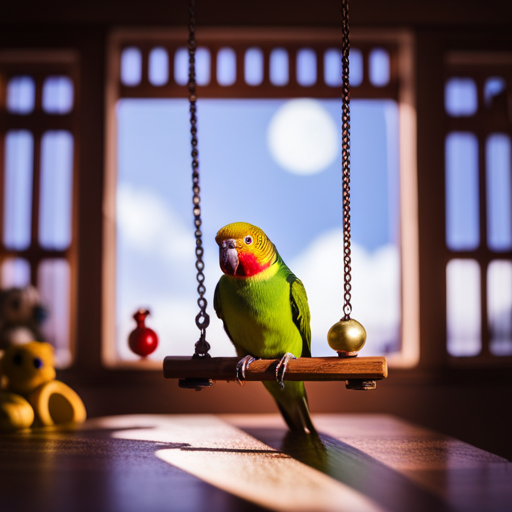 An image showcasing a dimly lit room with a parakeet perched on a swing, surrounded by scattered toys