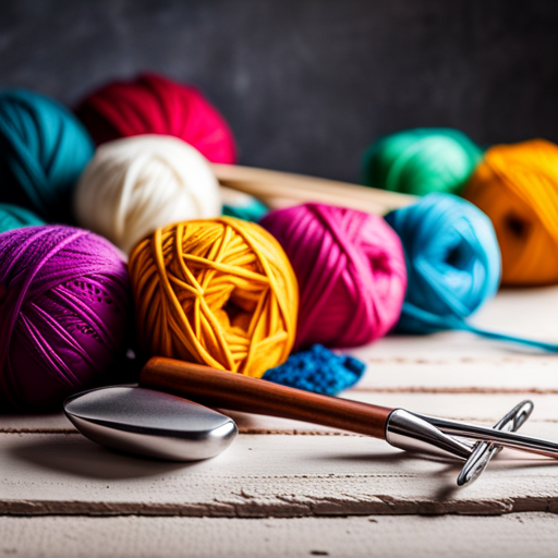 An image showcasing a variety of colorful yarn skeins alongside different crochet hook sizes