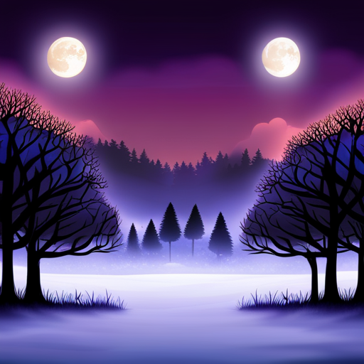 An image depicting a moonlit forest scene, with silhouettes of various owl species perched on tree branches