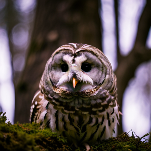 An image of a majestic Barred Owl perched on a moss-covered branch, illuminated by a moonlit night