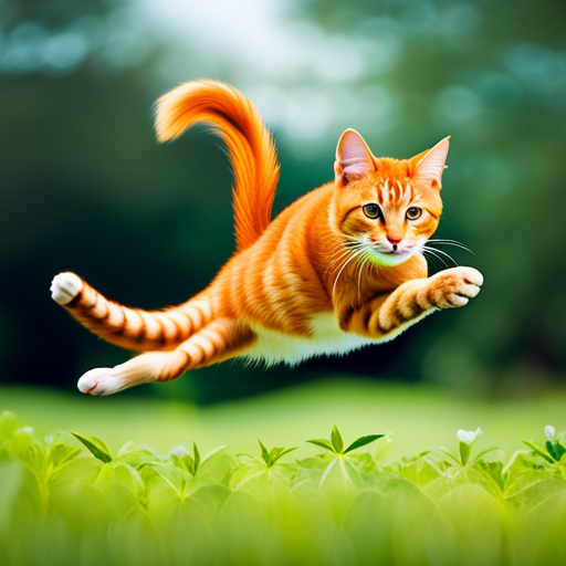 An image displaying a vibrant, playful orange tabby cat leaping gracefully through a lush field of green, illustrating the vital connection between vitamin K and feline bone health