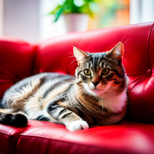 An image showcasing a content cat lounging on a plush red sofa, with a sunlit window backdrop