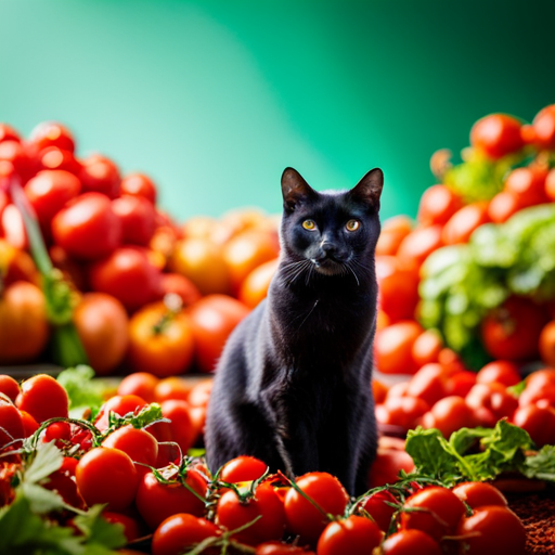 An image of a sleek, majestic black cat perched on a verdant field of lush, emerald-green kale leaves, with vibrant clusters of vibrant red tomatoes scattered around, showcasing the importance of Vitamin K in feline health