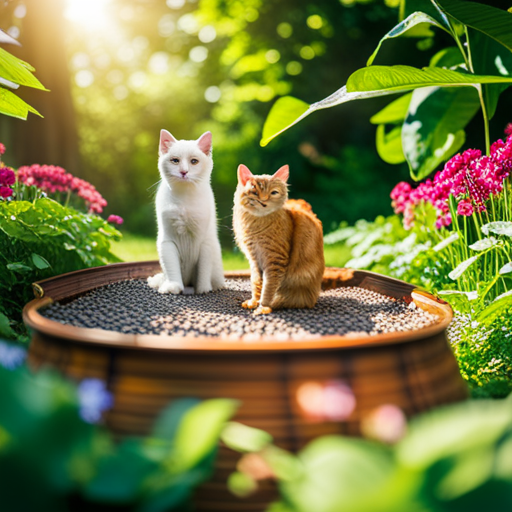 An image depicting a vibrant, lush garden with cats playfully exploring leafy greens and basking in the sun, showcasing the abundant health benefits of sufficient vitamin K intake for feline companions