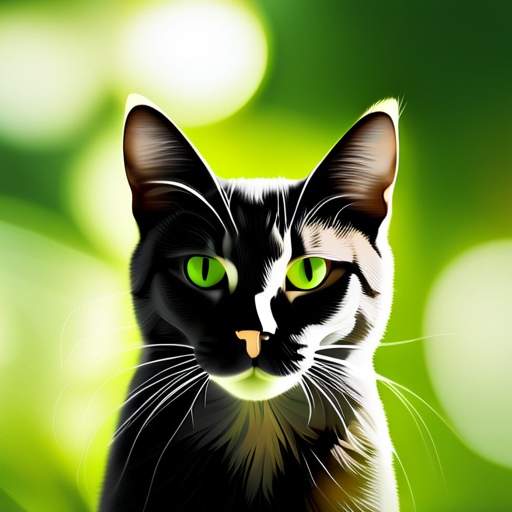 An image showcasing a feline silhouette with vibrant green, leaf-shaped patterns spreading from its fur, symbolizing the crucial functions of Vitamin K in a cat's body