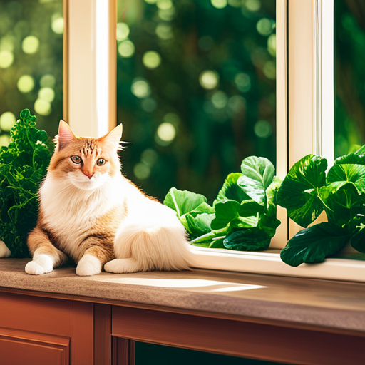 An image showing a content feline lounging in a sunny windowsill, surrounded by vibrant green leafy vegetables like kale and spinach