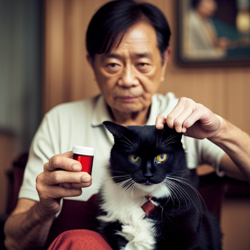 An image displaying a concerned cat owner holding a bottle of vitamin K supplements while their feline companion exhibits symptoms of excessive bleeding, such as a bleeding nose or bruised skin