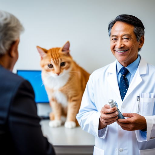 An image of a cat sitting alongside a veterinarian, engaged in a discussion