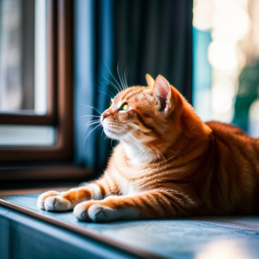 An image capturing a feline's captivating moment as it stretches luxuriously on a sun-drenched windowsill, its velvety tummy exposed, paws playfully curled, and contentment radiating from its half-closed, bewitching eyes