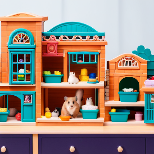 An image showcasing a vibrant pet store filled with rows of spacious, colorful hamster cages adorned with tunnels, toys, and cozy bedding