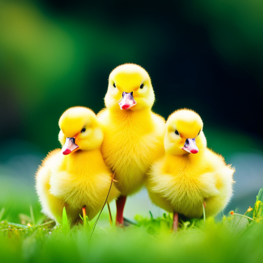 An image showcasing a group of fluffy yellow ducklings against a background of vibrant green vegetation, illustrating how their bright yellow coloration aids in camouflage, allowing them to blend seamlessly with their surroundings, and providing evolutionary advantages for survival