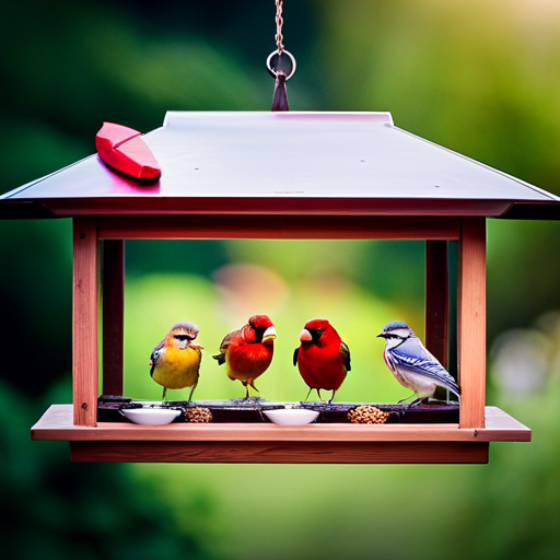An image showcasing a window bird feeder with a variety of colorful birds enjoying their meal