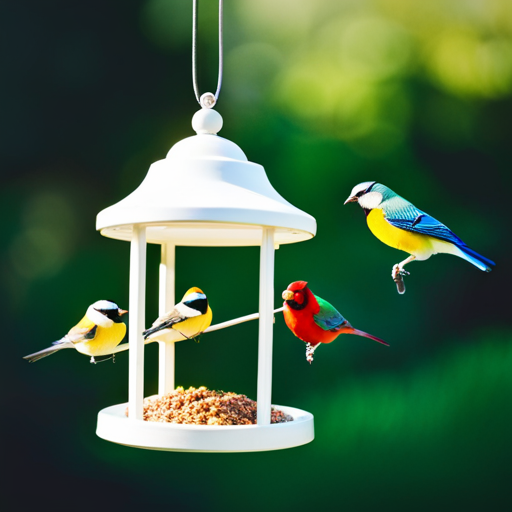 An image showcasing a window bird feeder placed near a lush green garden, with colorful birds perched on it