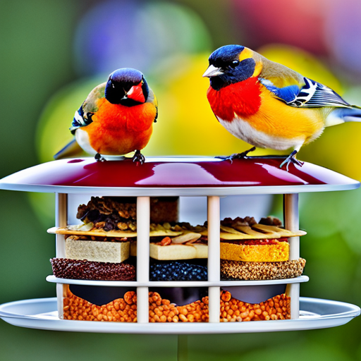 An image showcasing a diverse array of delectable treats like sunflower seeds, suet, mealworms, and fruit slices, artfully arranged on a window bird feeder, enticing colorful birds to grace your outdoor space