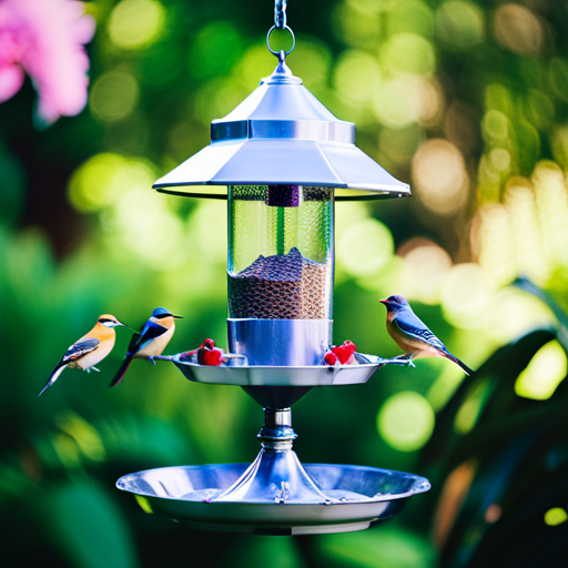 An image of a serene backyard scene showcasing a window bird feeder filled with vibrant seeds