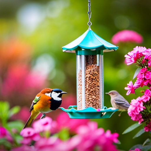 An image capturing a close-up view of a window bird feeder strategically placed near vibrant blooming flowers, attracting a colorful array of birds in a picturesque outdoor setting