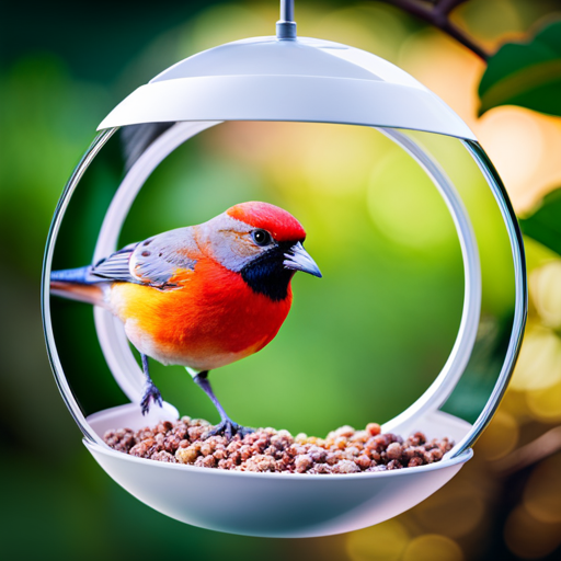 An image showcasing a window bird feeder installed with transparent anti-collision decals, surrounded by lush greenery