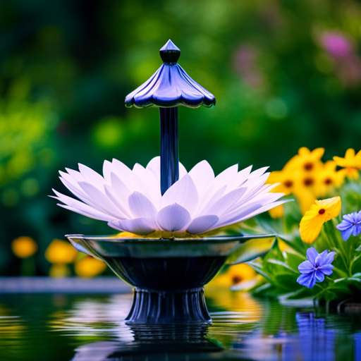 An image showcasing a vibrant garden adorned with a variety of ornate bird baths, surrounded by blooming flowers and lush green foliage