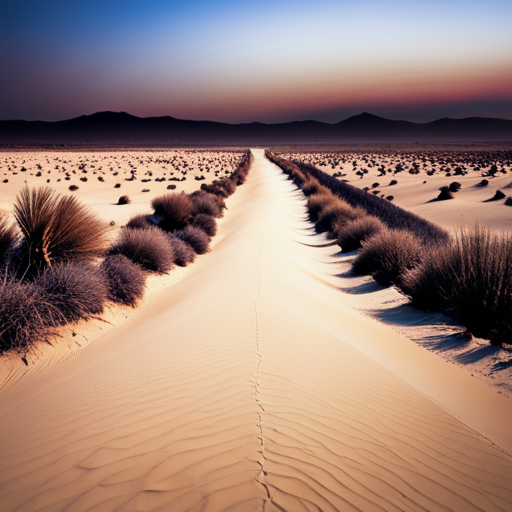 An image showcasing a massive, barren desert landscape with a vibrant blue sky overhead
