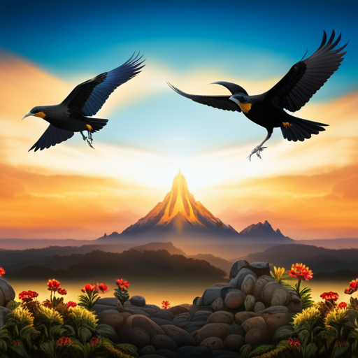 An image capturing the intense Bird Showdown: two majestic black-feathered birds, standing tall with extended wingspans, showcasing their contrasting sizes against a vibrant sky backdrop