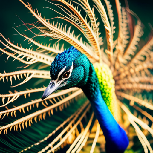 An image capturing the mesmerizing sight of a majestic peacock, its vibrant iridescent feathers fully spread, gracefully devouring a writhing serpent